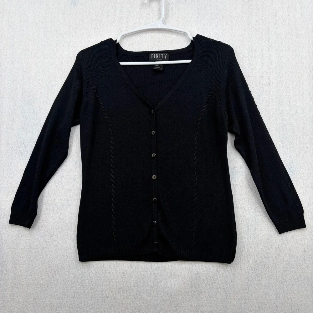 Finity Petite Black V-Neck Button Front Cardigan Sweater Whipstitch Detail PM